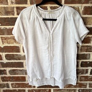 Alessia Pacini Italy White Linen Blouse Pom Pom Trim Size Medium